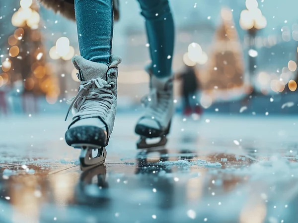 Schlittschufahrerin auf einer Eisfläche beim Weihnachtsmarkt
