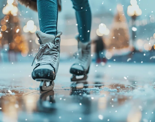 Schlittschufahrerin auf einer Eisfläche beim Weihnachtsmarkt